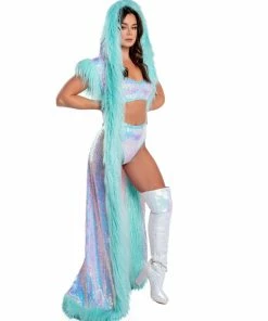 J-Valentine, Inc OUTERWEAR CH308 - Fur Trimmed Holographic Sequin Mesh Duster